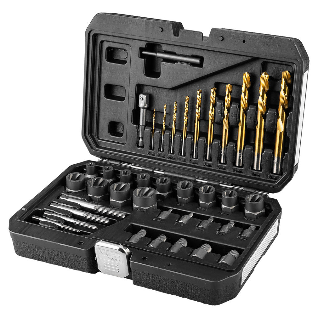 NEO TOOLS Törtcsavar kiszedő készlet, vezetőfúrókkal, 40db-os 11-923