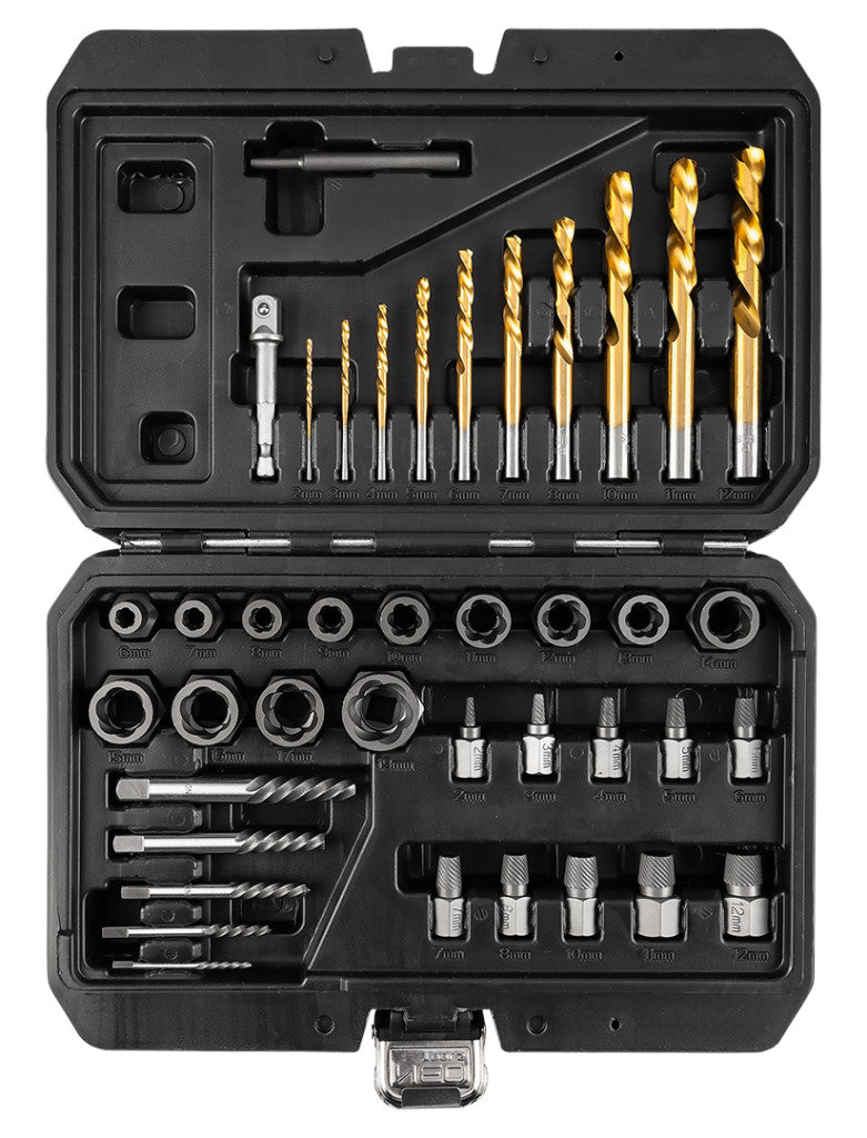NEO TOOLS Törtcsavar kiszedő készlet, vezetőfúrókkal, 40db-os 11-923