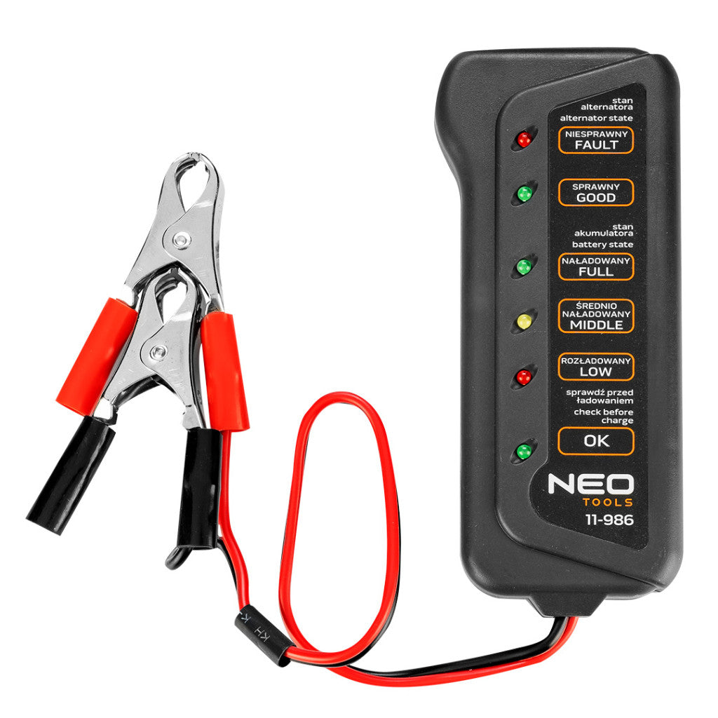 NEO TOOLS Akkumulátor teszter, digitális, akku állapot, generátor töltés ellenőrzése 12V 11-986