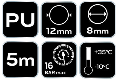NEO TOOLS Pneumatikus spiráltömlő, 8,0x12mm x 5m, PU 12-074-1