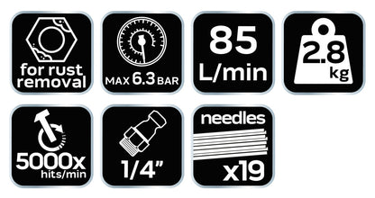 NEO TOOLS Pneumatikus tűs leverőgép rozsdához és hegesztési varratokhoz, 19x3mm 2 év garanciával 14-032