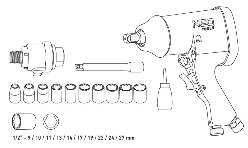 NEO TOOLS Pneumatikus ütvecsavarozó készlet 1/2" 32kgm, dugókulcsokkal 2 év garanciával 14-502
