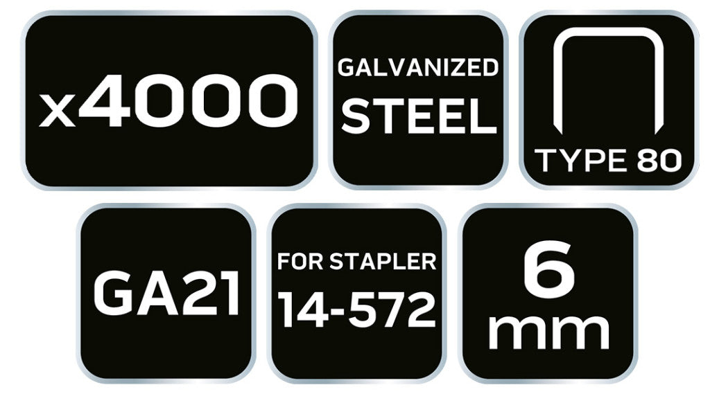 NEO TOOLS Tűzőkapocs, horganyzott 80-as tipus, pneumatikus tűzőgéphez (14-572), GA21, 6mm, 4000db 14-610