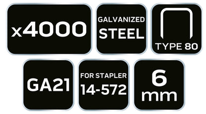 NEO TOOLS Tűzőkapocs, horganyzott 80-as tipus, pneumatikus tűzőgéphez (14-572), GA21, 6mm, 4000db 14-610