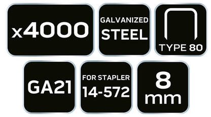 NEO TOOLS Tűzőkapocs, horganyzott 80-as tipus, pneumatikus tűzőgéphez (14-572), GA21, 8mm, 4000db 14-611