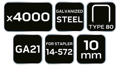 NEO TOOLS Tűzőkapocs, horganyzott 80-as tipus, pneumatikus tűzőgéphez (14-572), GA21, 10mm, 4000db 14-612