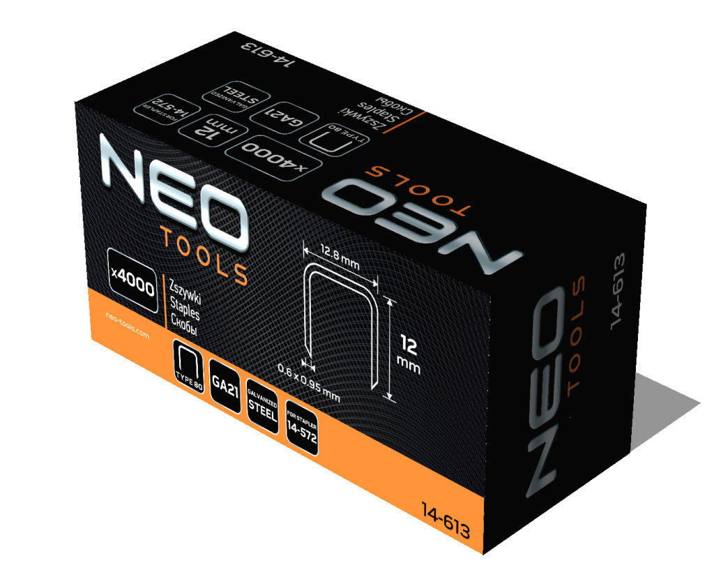 NEO TOOLS Tűzőkapocs, horganyzott 80-as tipus, pneumatikus tűzőgéphez (14-572), GA21, 12mm, 4000db 14-613
