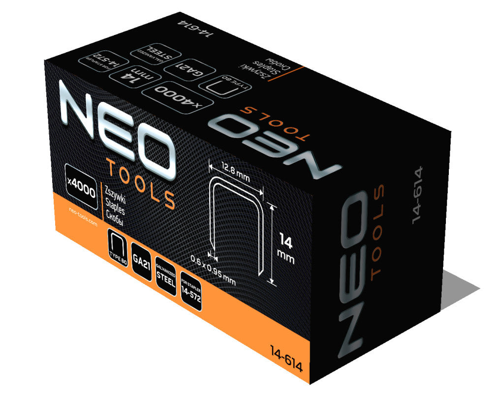 NEO TOOLS Tűzőkapocs, horganyzott 80-as tipus, pneumatikus tűzőgéphez (14-572), GA21, 14mm, 4000db 14-614