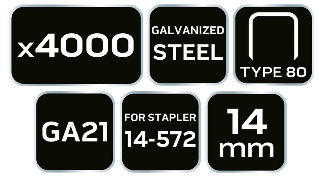 NEO TOOLS Tűzőkapocs, horganyzott 80-as tipus, pneumatikus tűzőgéphez (14-572), GA21, 14mm, 4000db 14-614