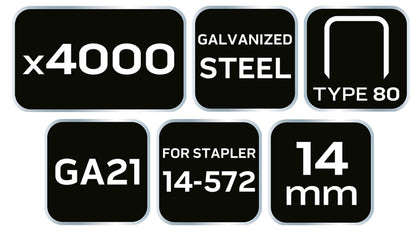 NEO TOOLS Tűzőkapocs, horganyzott 80-as tipus, pneumatikus tűzőgéphez (14-572), GA21, 14mm, 4000db 14-614