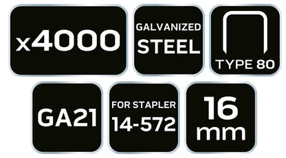 NEO TOOLS Tűzőkapocs, horganyzott 80-as tipus, pneumatikus tűzőgéphez (14-572), GA21, 16mm, 4000db 14-615