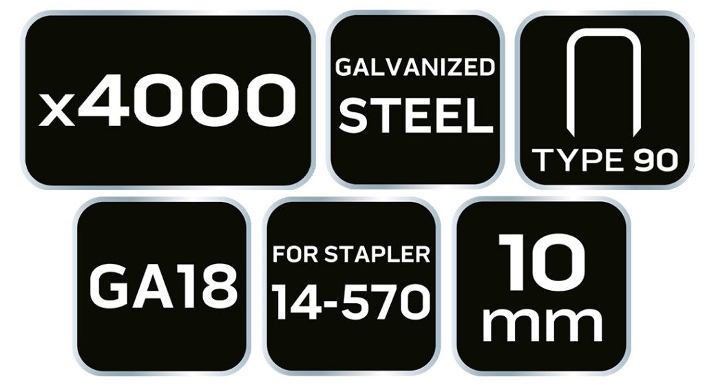 NEO TOOLS Tűzőkapocs, horganyzott 90-es tipus, pneumatikus tűzőgéphez (14-570), GA18, 10mm, 4000db 14-620