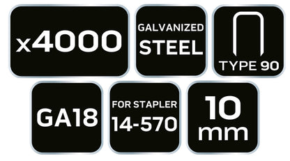 NEO TOOLS Tűzőkapocs, horganyzott 90-es tipus, pneumatikus tűzőgéphez (14-570), GA18, 10mm, 4000db 14-620