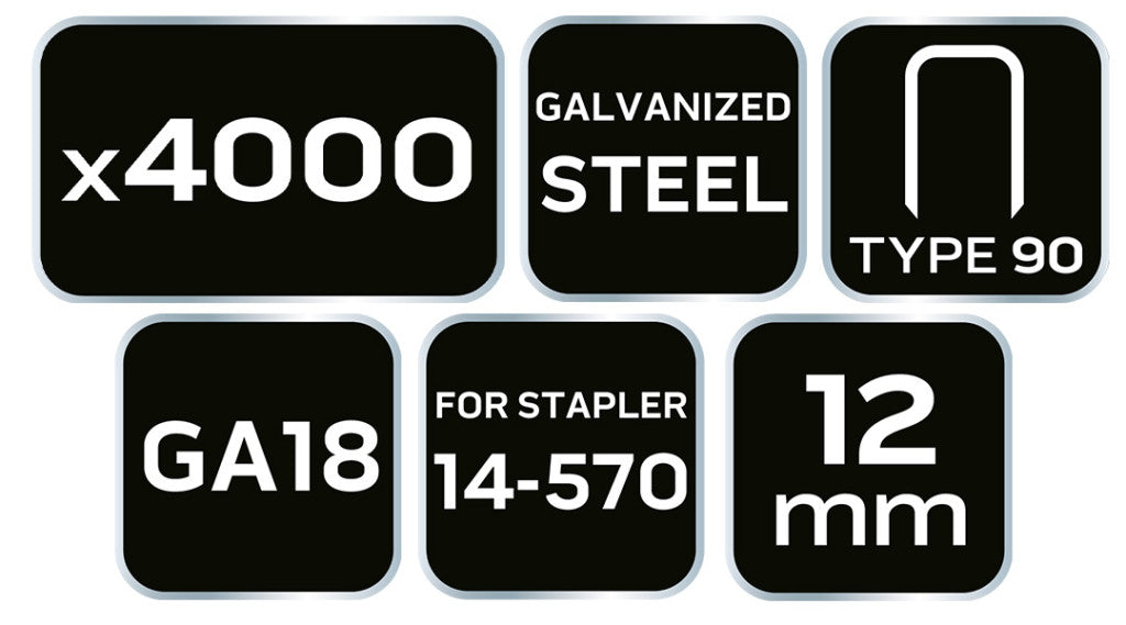 NEO TOOLS Tűzőkapocs, horganyzott 90-es tipus, pneumatikus tűzőgéphez (14-570), GA18, 12mm, 4000db 14-621