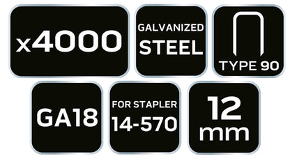 NEO TOOLS Tűzőkapocs, horganyzott 90-es tipus, pneumatikus tűzőgéphez (14-570), GA18, 12mm, 4000db 14-621