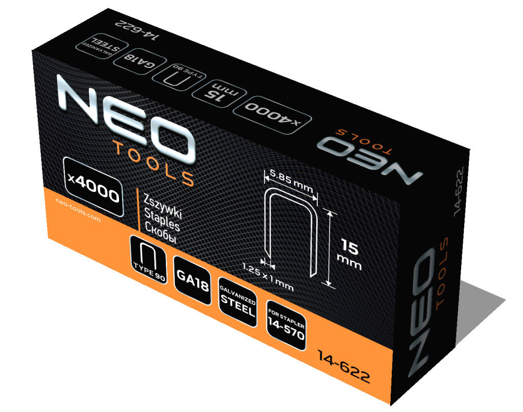 NEO TOOLS Tűzőkapocs, horganyzott 90-es tipus, pneumatikus tűzőgéphez (14-570), GA18, 15mm, 4000db 14-622