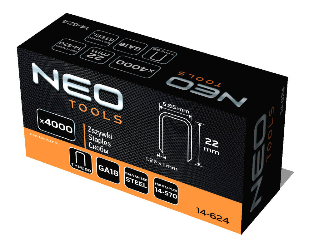 NEO TOOLS Tűzőkapocs, horganyzott 90-es tipus, pneumatikus tűzőgéphez (14-570), GA18, 22mm, 4000db 14-624