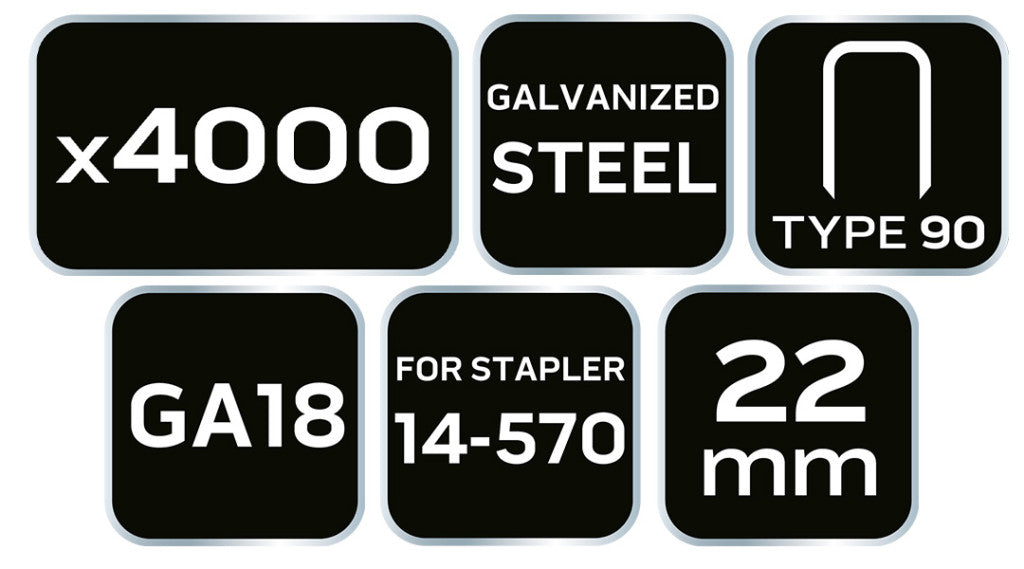 NEO TOOLS Tűzőkapocs, horganyzott 90-es tipus, pneumatikus tűzőgéphez (14-570), GA18, 22mm, 4000db 14-624