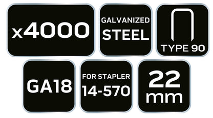 NEO TOOLS Tűzőkapocs, horganyzott 90-es tipus, pneumatikus tűzőgéphez (14-570), GA18, 22mm, 4000db 14-624
