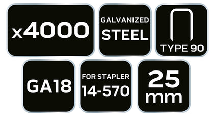 NEO TOOLS Tűzőkapocs, horganyzott 90-es tipus, pneumatikus tűzőgéphez (14-570), GA18, 25mm, 4000db 14-625