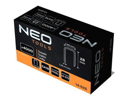 NEO TOOLS Tűzőkapocs, horganyzott 90-es tipus, pneumatikus tűzőgéphez (14-570), GA18, 28mm, 4000db 14-626