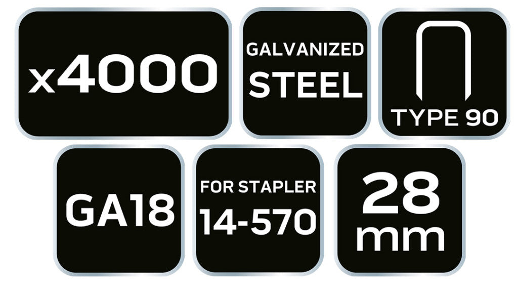 NEO TOOLS Tűzőkapocs, horganyzott 90-es tipus, pneumatikus tűzőgéphez (14-570), GA18, 28mm, 4000db 14-626