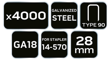 NEO TOOLS Tűzőkapocs, horganyzott 90-es tipus, pneumatikus tűzőgéphez (14-570), GA18, 28mm, 4000db 14-626