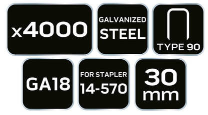 NEO TOOLS Tűzőkapocs, horganyzott 90-es tipus, pneumatikus tűzőgéphez (14-570), GA18, 30mm, 4000db 14-627