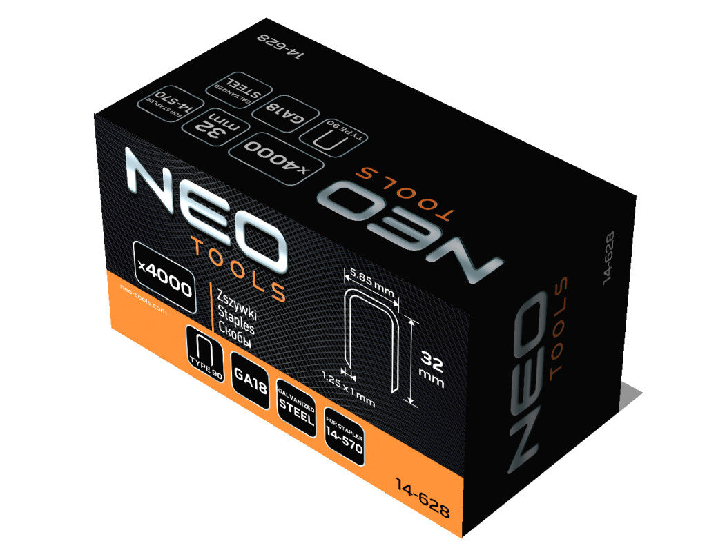 NEO TOOLS Tűzőkapocs, horganyzott 90-es tipus, pneumatikus tűzőgéphez (14-570), GA18, 32mm, 4000db 14-628