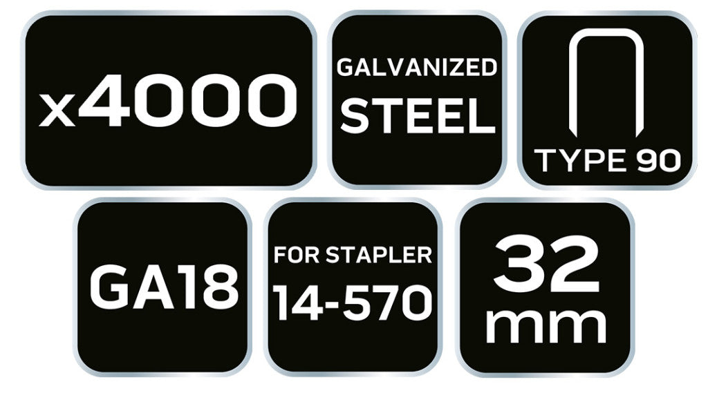 NEO TOOLS Tűzőkapocs, horganyzott 90-es tipus, pneumatikus tűzőgéphez (14-570), GA18, 32mm, 4000db 14-628