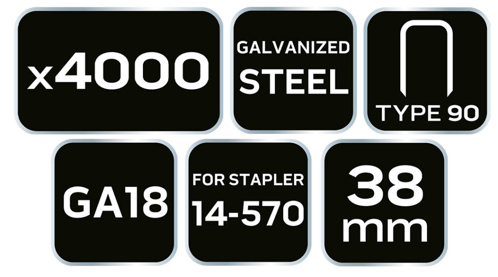 NEO TOOLS Tűzőkapocs, horganyzott 90-es tipus, pneumatikus tűzőgéphez (14-570), GA18, 38mm, 4000db 14-630