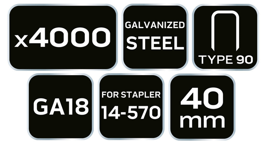 NEO TOOLS Tűzőkapocs, horganyzott 90-es tipus, pneumatikus tűzőgéphez (14-570), GA18, 40mm, 4000db 14-631