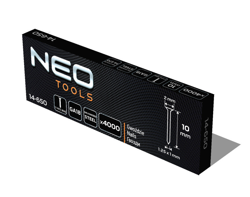 NEO TOOLS Tűzőszeg, horganyzott 300 (F) tipus, pneumatikus tűzőgéphez (14-570), GA18, 10mm, 4000db 14-650