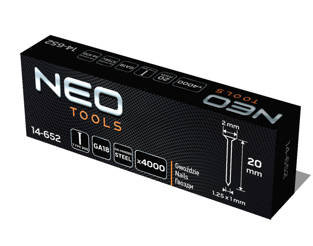 NEO TOOLS Tűzőszeg, horganyzott 300 (F) tipus, pneumatikus tűzőgéphez (14-570), GA18, 20mm, 4000db 14-652