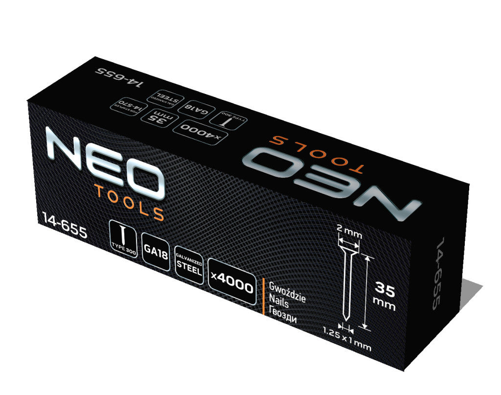 NEO TOOLS Tűzőszeg, horganyzott 300 (F) tipus, pneumatikus tűzőgéphez (14-570), GA18, 35mm, 4000db 14-655