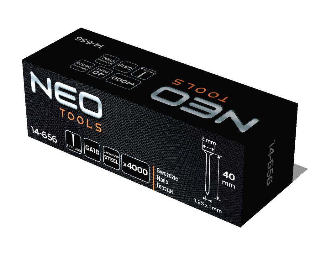 NEO TOOLS Tűzőszeg, horganyzott 300 (F) tipus, pneumatikus tűzőgéphez (14-570), GA18, 40mm, 4000db 14-656