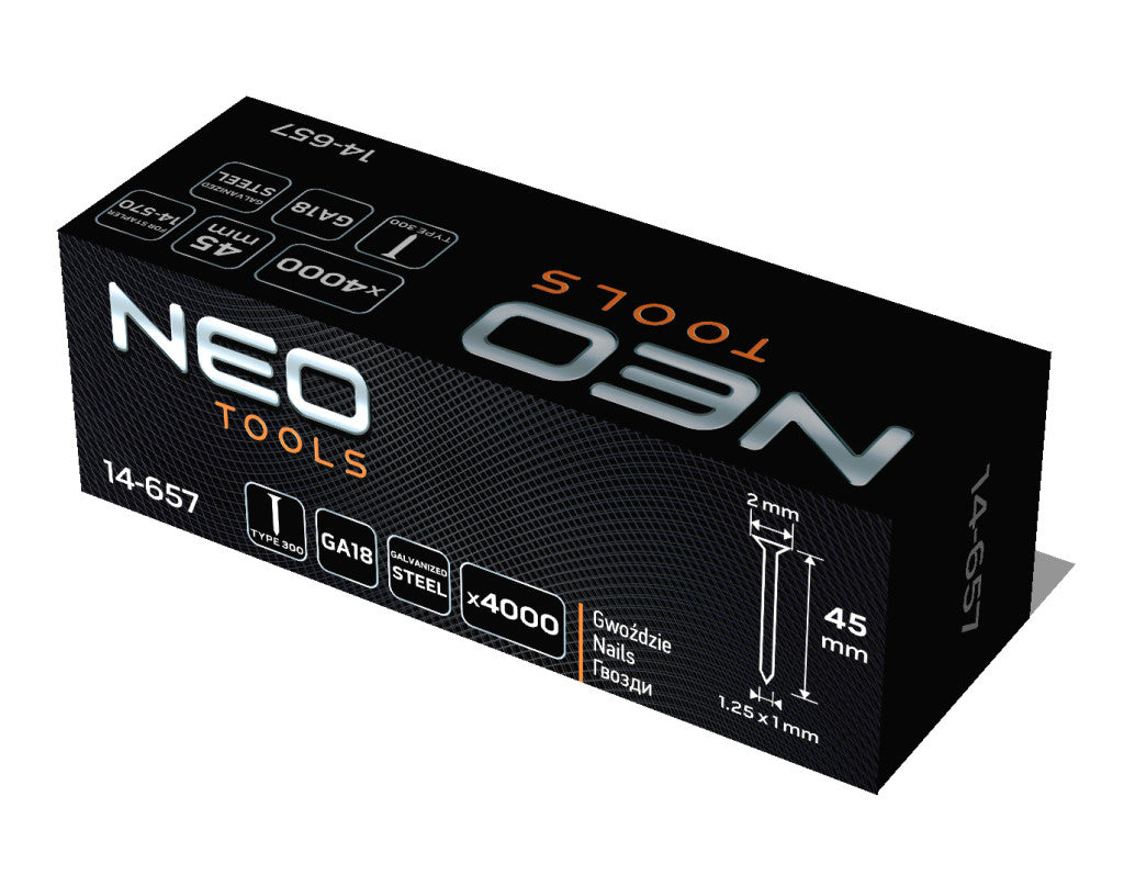 NEO TOOLS Tűzőszeg, horganyzott 300 (F) tipus, pneumatikus tűzőgéphez (14-570), GA18, 45mm, 4000db 14-657
