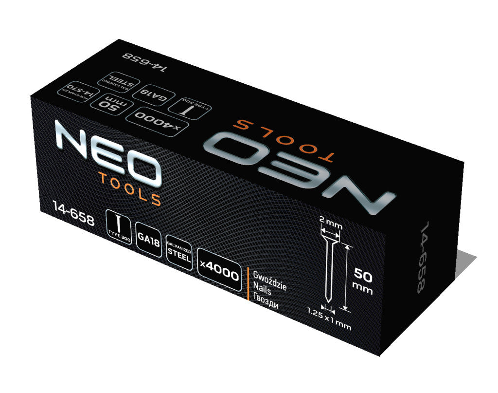 NEO TOOLS Tűzőszeg, horganyzott 300 (F) tipus, pneumatikus tűzőgéphez (14-570), GA18, 50mm, 4000db 14-658