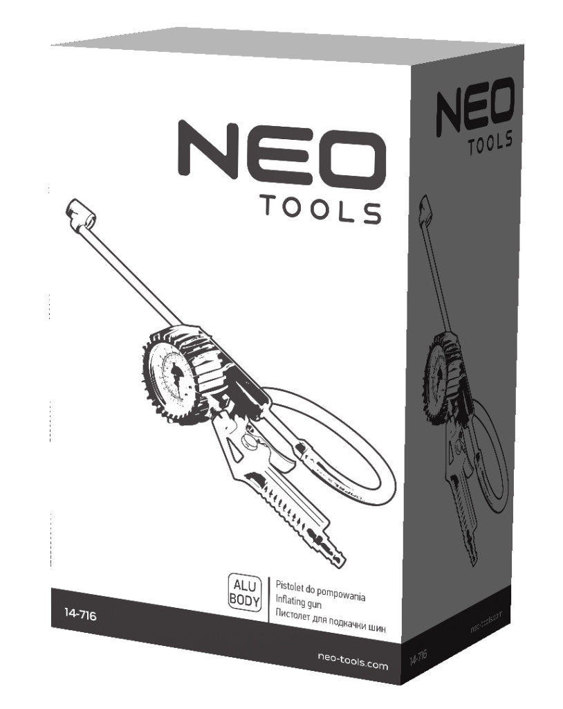NEO TOOLS Pneumatikus kerékfúvó pisztoly, nyomásmérővel 80mm, dupla teherautó kerekekhez 14-716