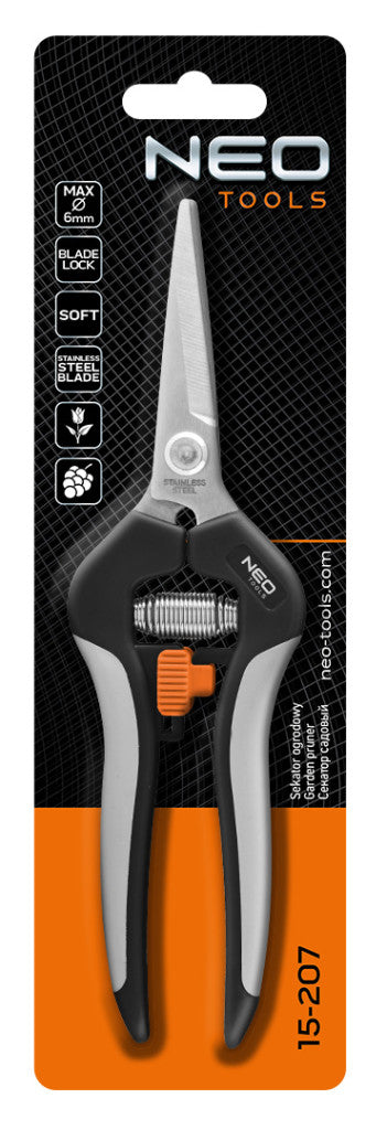 NEO TOOLS Szüretelő metszőolló, hegyes, max.6mm, teflon bevonat, 185mm 15-207