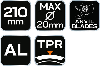 NEO TOOLS Metszőolló, rávágó, max 20mm, teflon bevonat, alu ház, 210mm 15-213