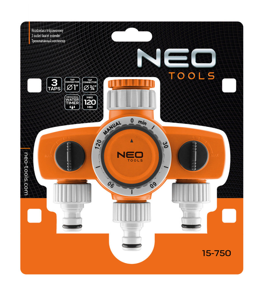 NEO TOOLS Mechanikus öntözőidőzítő óra, 3 utas, max.120perc 15-750