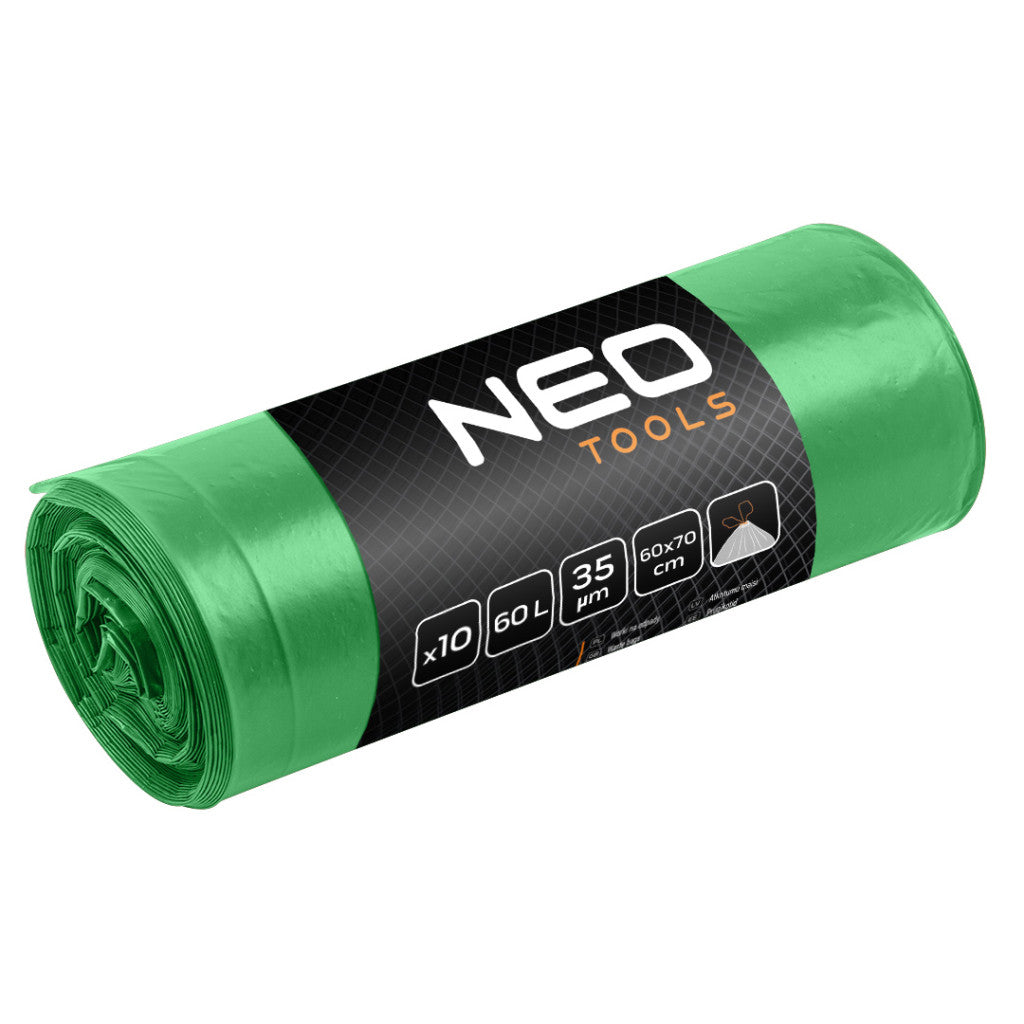 NEO TOOLS Szemeteszsák 60l, 60x70cm, zöld,erősített húzószalagos, vastagság:35mic, 10db 15-990