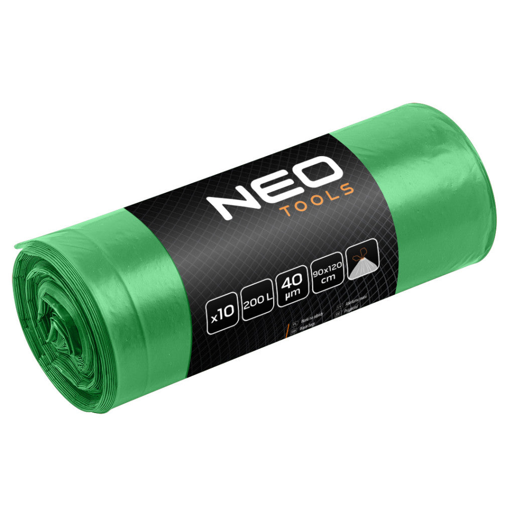 NEO TOOLS Szemeteszsák 120l, 70x110cm, zöld, erősített húzószalagos, vastagság:40mic, 10db 15-991
