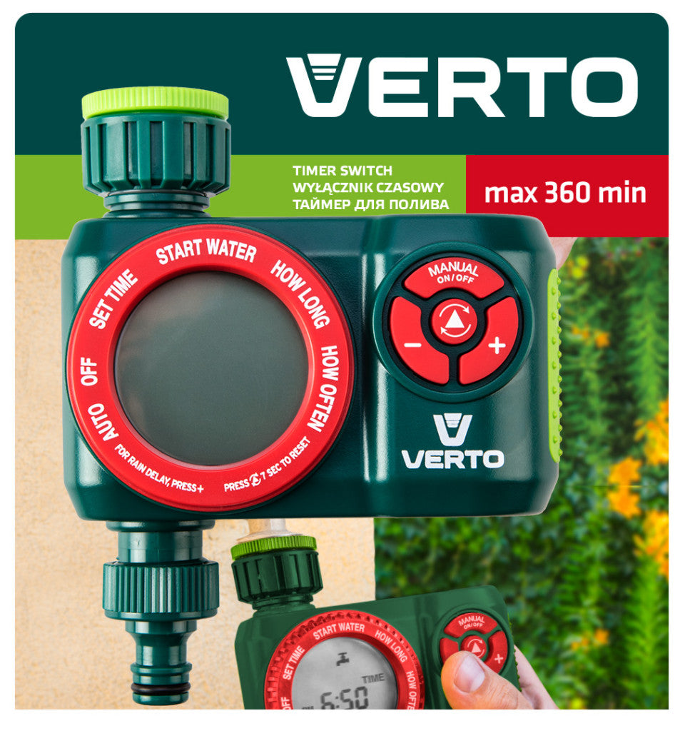 VERTO Programozható elektronikus öntözőidőzítő óra, max.360perc 15G751