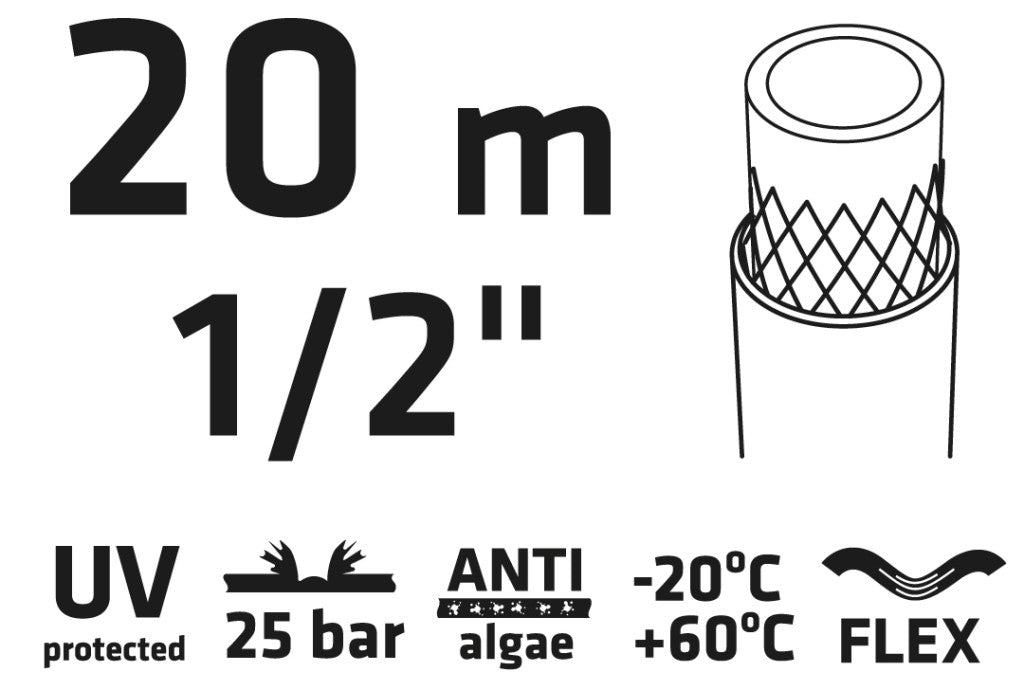 VERTO Locsolótömlő 20 m, 1/2", Professional: csomózódás, csavarodás védelem, UV álló, algásodás védelem 15G820