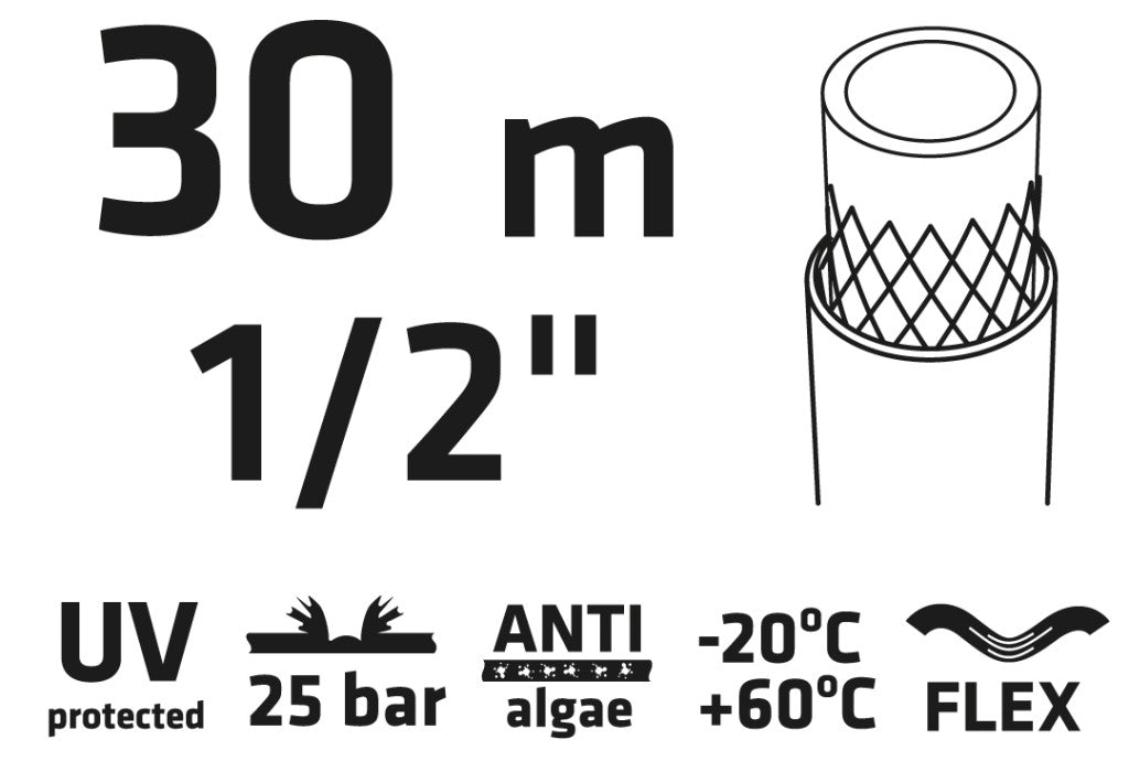 VERTO Locsolótömlő 30 m, 1/2", Professional: csomózódás, csavarodás védelem, UV álló, algásodás védelem 15G821