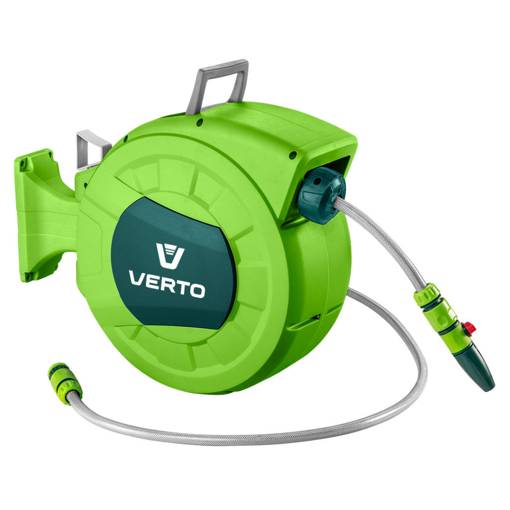 VERTO Autómata tömlődob, 20 m locsolótömlő + 2 m csatlakozó tömlő, 10 bar, PP ház, PVC tömlő, falra szerelhető 15G891