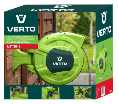 VERTO Autómata tömlődob, 20 m locsolótömlő + 2 m csatlakozó tömlő, 10 bar, PP ház, PVC tömlő, falra szerelhető 15G891