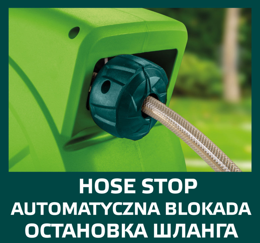 VERTO Autómata tömlődob, 20 m locsolótömlő + 2 m csatlakozó tömlő, 10 bar, PP ház, PVC tömlő, falra szerelhető 15G891